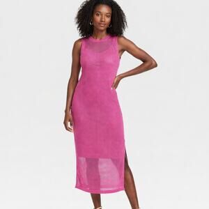 NEW A New Day Pink Metallic Mesh Midi Dress Large Openwork Slit Coquette Glam